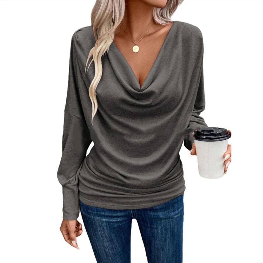 Women's V-neck Pile Collar Solid Color Knitted Long Sleeve Loose T-shirt by GJG Denim