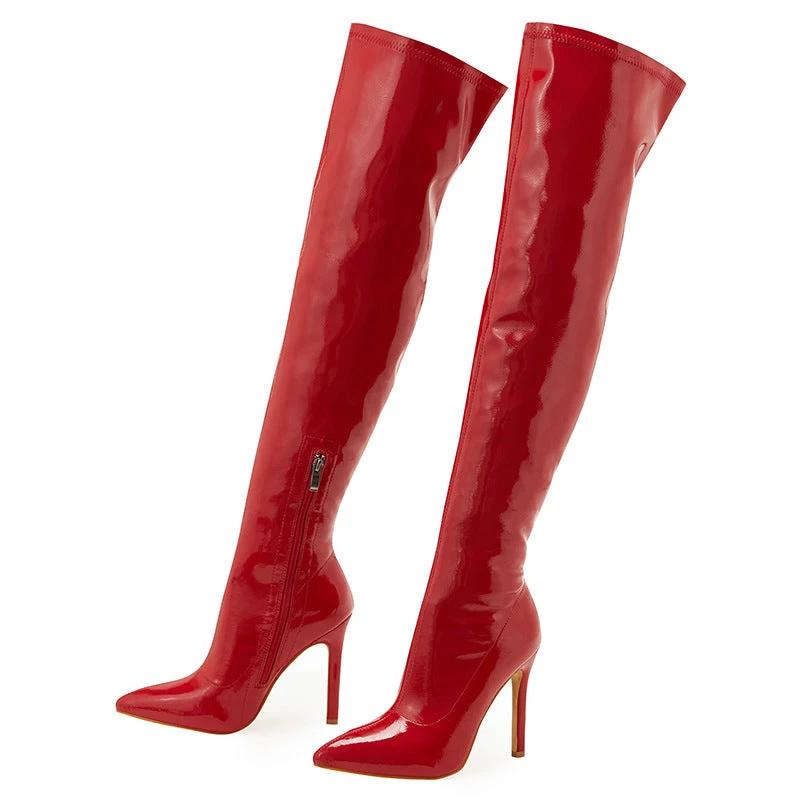 Women's High Heel Soft Patent Leather Inside Zipper Over The Knee Boots by GJG Denim