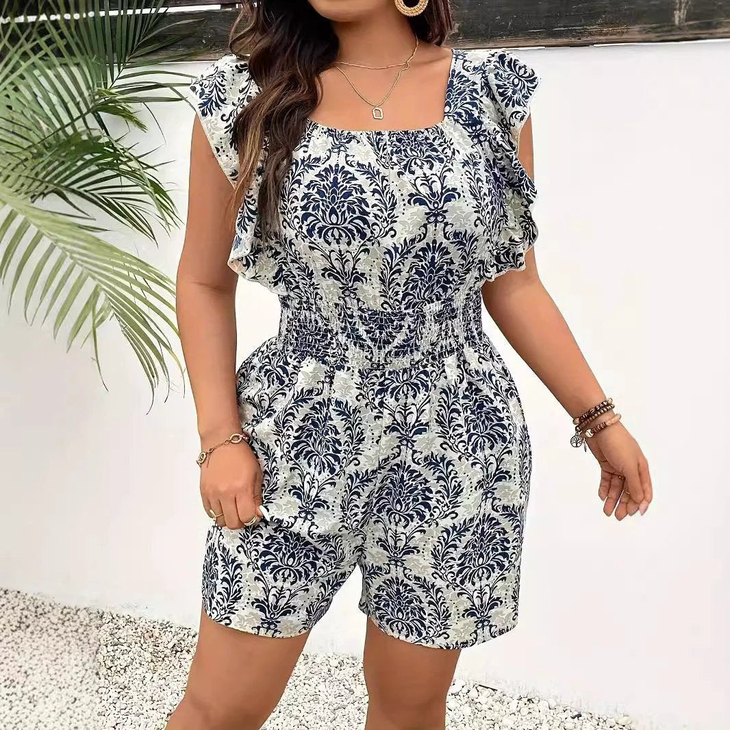 Plus Size Printed Sleeveless Smocking Fitted Waist Backless Vacation Style Jumpsuit by GJG Denim