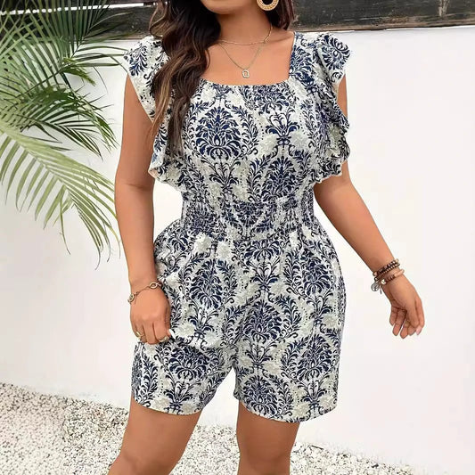 Plus Size Printed Sleeveless Smocking Fitted Waist Backless Vacation Style Jumpsuit by GJG Denim