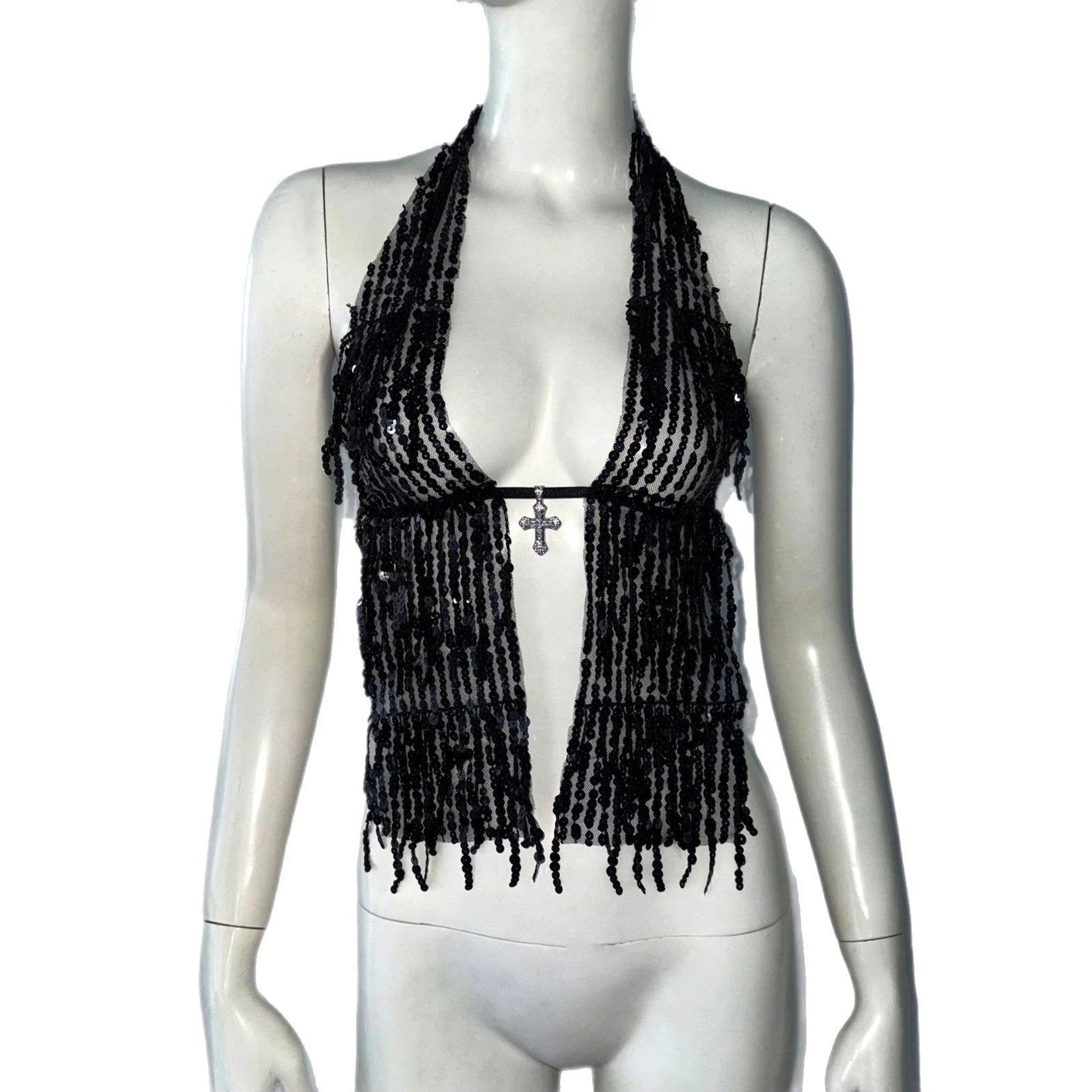 Halterneck With Suspenders Top Sequined Lace-up Tight Vest by GJG Denim