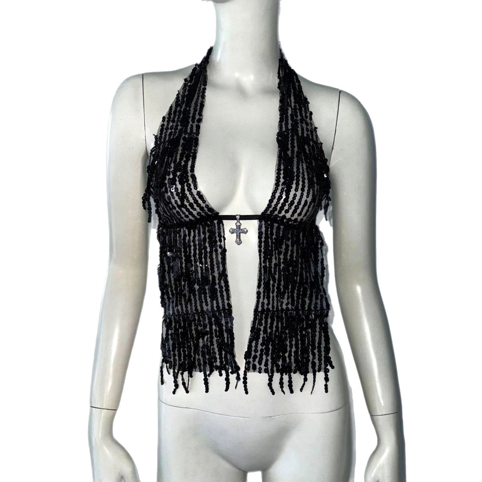 Halterneck With Suspenders Top Sequined Lace-up Tight Vest by GJG Denim