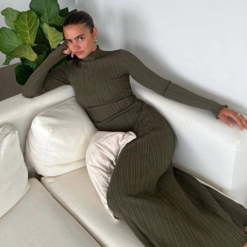 Long Sleeve Knitted Wooden Ear Turtleneck Waist-controlled Slim Fit Slimming Dress by GJG Denim