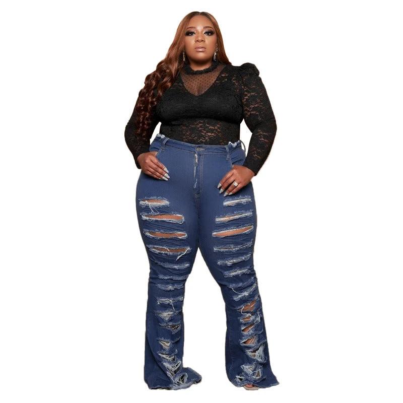 New Washing Trend Large Size Women's Torn Jeans by GJG Denim