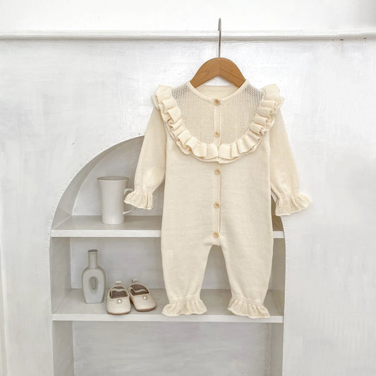 Baby Girl Round Neck Ruffled Stitching Long Climbing Fashionable Stylish Solid Color Jumpsuit by GJG Denim