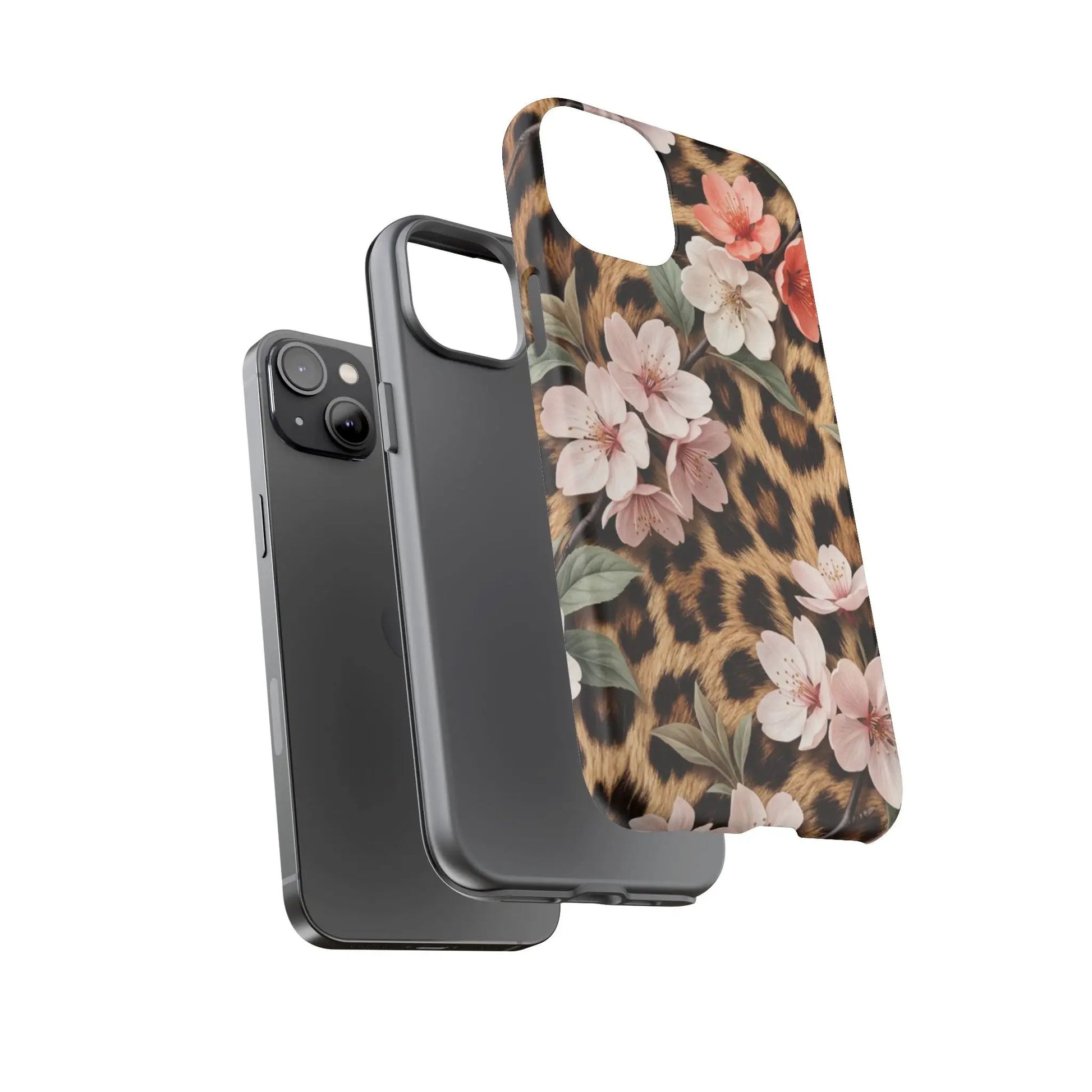 Leopard Floral Tough Case — Protective Phone Case with Pink Cherry Blossoms by Printify