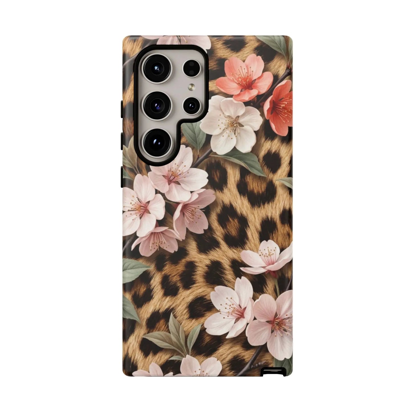 Leopard Floral Tough Case — Protective Phone Case with Pink Cherry Blossoms by Printify