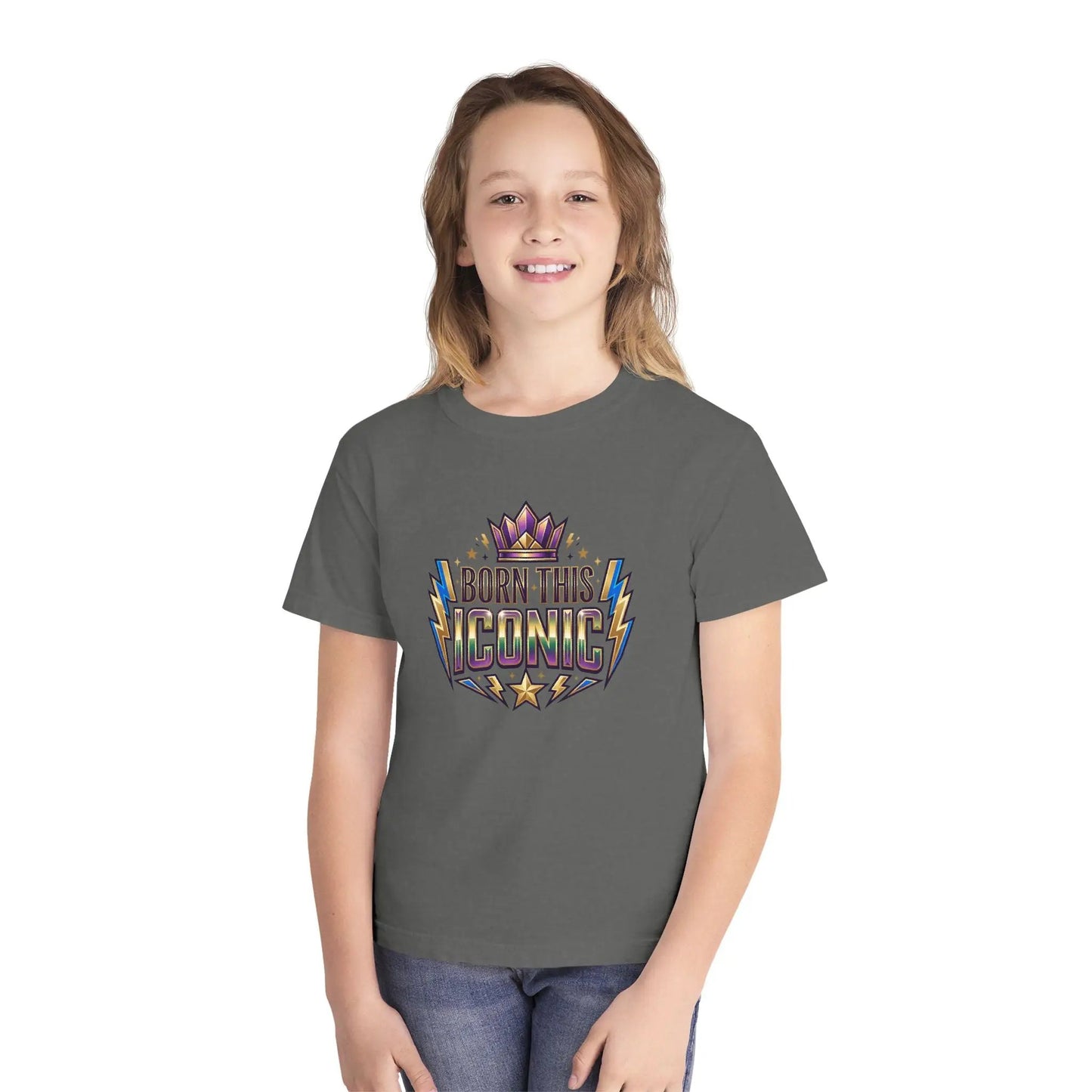 Youth Tee — "Born This Iconic" Crown Graphic by Printify