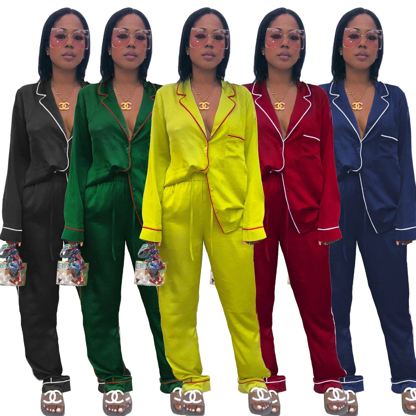 Pajamas Women Spring And Summer Imitation Silk Long-Sleeved Ice Silk Cardigan Suit by GJG Denim