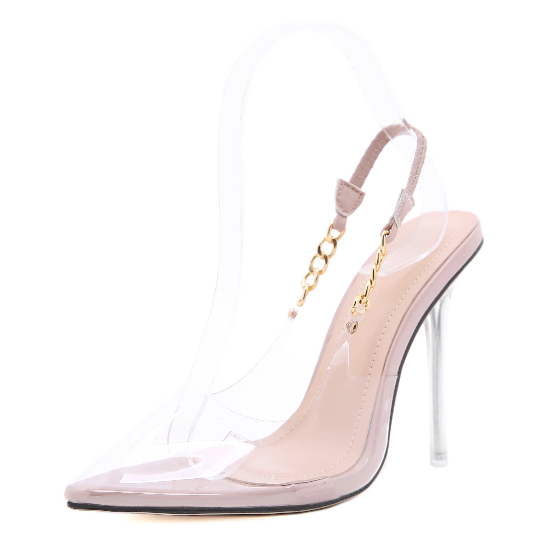 Metal Chain Transparent High Heels Pointed Toe Stiletto Sandals by GJG Denim