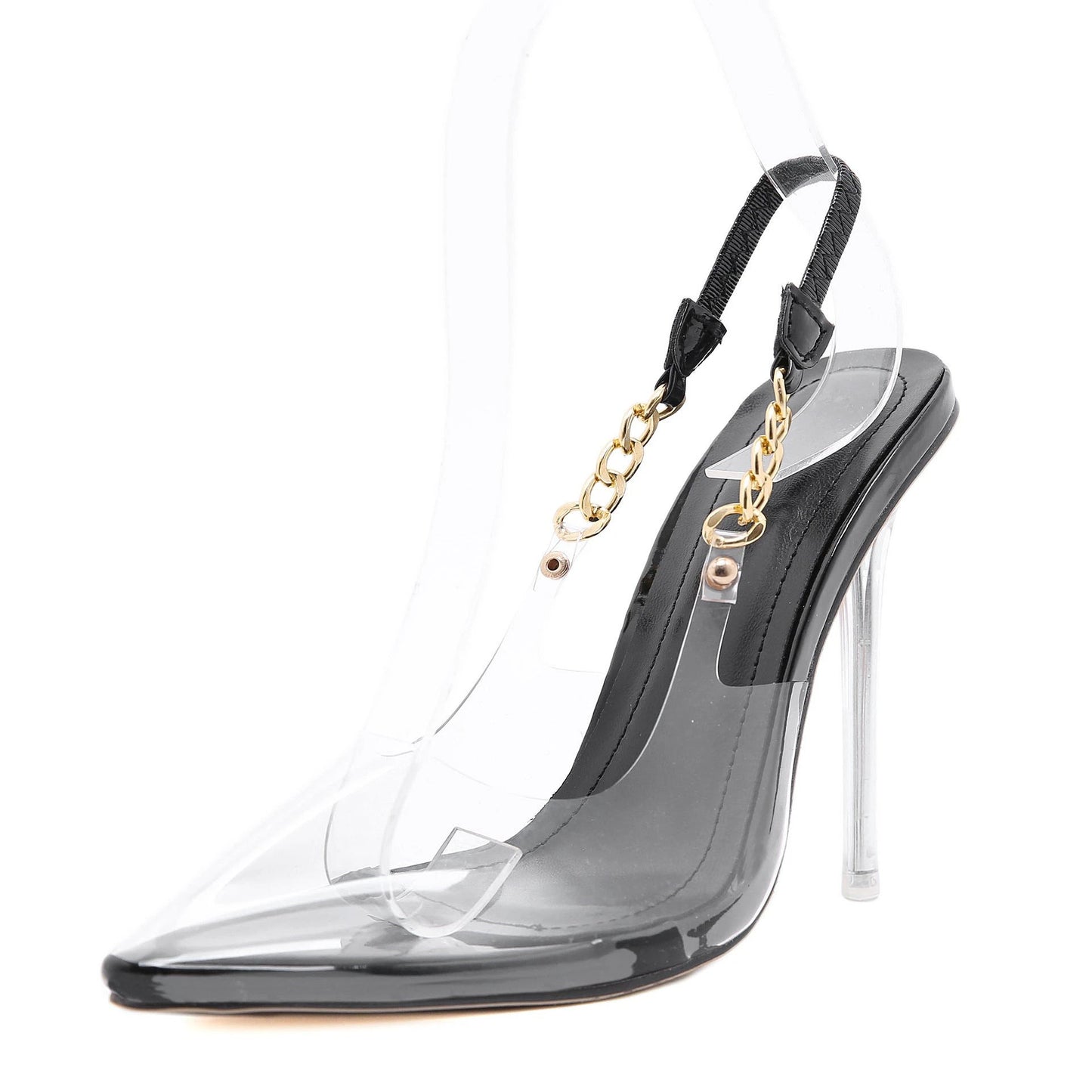 Metal Chain Transparent High Heels Pointed Toe Stiletto Sandals by GJG Denim