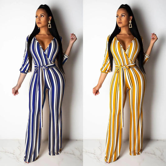 Wear Fashionable Striped Printed Wide-Leg Jumpsuits by GJG Denim