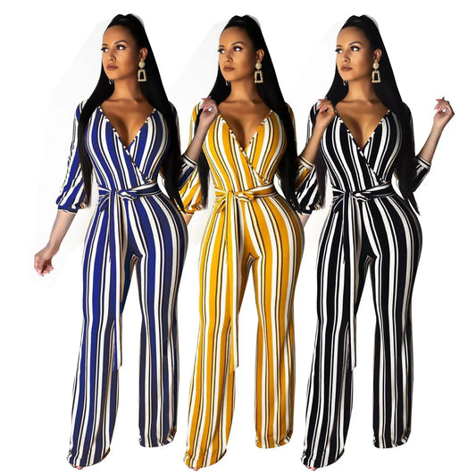 Wear Fashionable Striped Printed Wide-Leg Jumpsuits by GJG Denim