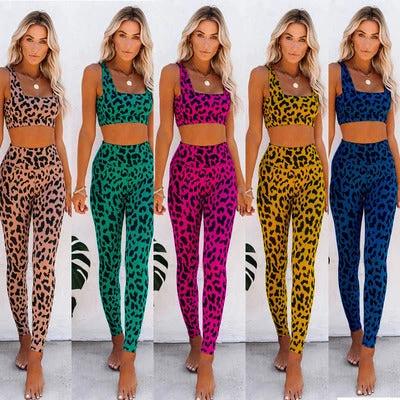 Yoga Tights Exercise Fitness Leopard Print Suit Ladies Workout Clothes by GJG Denim