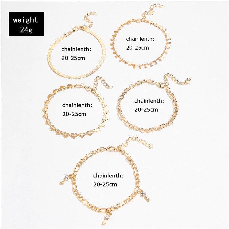 5 Pcs Women Fashion Gold Color Heart Crystal Key Anklets For Women Trendy Snake Chain Anklets For Women Foot Jewelry Gifts by GJG Denim