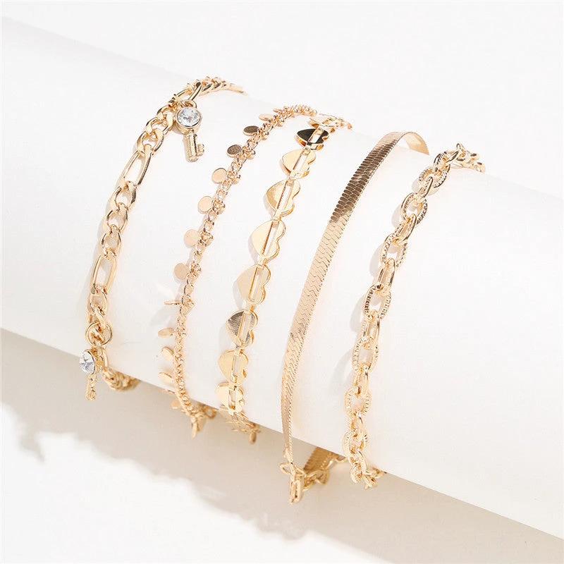 5 Pcs Women Fashion Gold Color Heart Crystal Key Anklets For Women Trendy Snake Chain Anklets For Women Foot Jewelry Gifts by GJG Denim