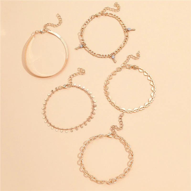 5 Pcs Women Fashion Gold Color Heart Crystal Key Anklets For Women Trendy Snake Chain Anklets For Women Foot Jewelry Gifts by GJG Denim