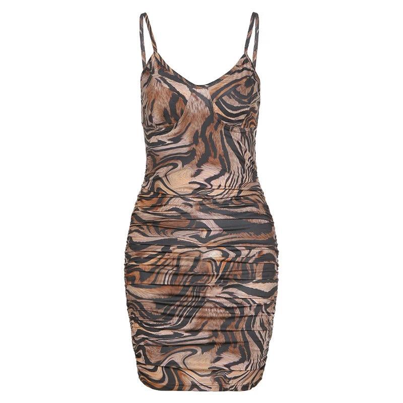 Women s Sling V Neck Fashion Street Style Slim Printed Dress by GJG Denim