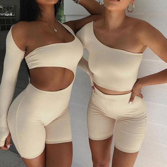 Women Tight Fitness Yoga Suits Off Shoulder Tops And Shorts Tops 2pcs Set by GJG Denim