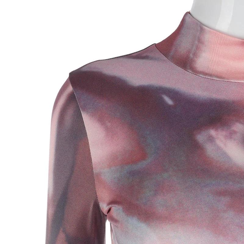 New Round Neck Pullover High-Fork Printing Long-Sleeved Slim Bottoming Bodysuit Women by GJG Denim