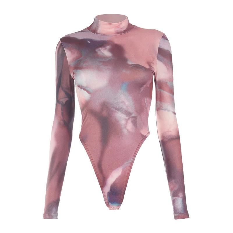 New Round Neck Pullover High-Fork Printing Long-Sleeved Slim Bottoming Bodysuit Women by GJG Denim