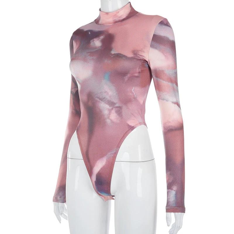 New Round Neck Pullover High-Fork Printing Long-Sleeved Slim Bottoming Bodysuit Women by GJG Denim