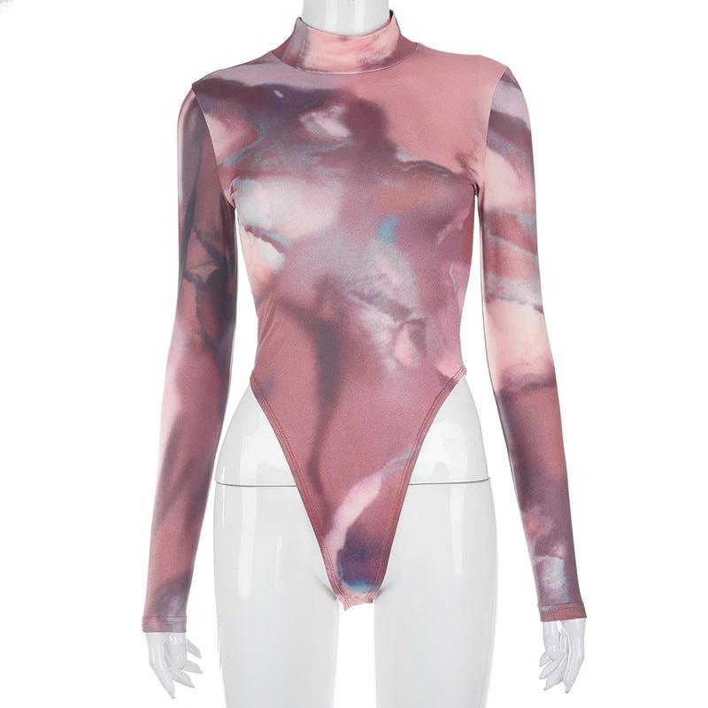 New Round Neck Pullover High-Fork Printing Long-Sleeved Slim Bottoming Bodysuit Women by GJG Denim