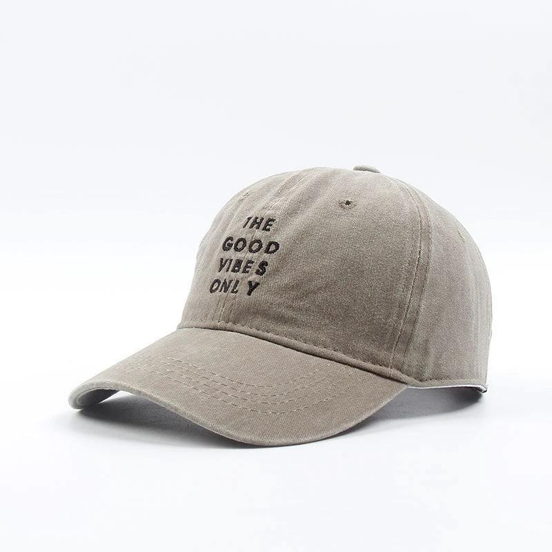 Men's Washed "THE GOOD VIBES ONLY" Dad Snapback Hats by GJG Denim