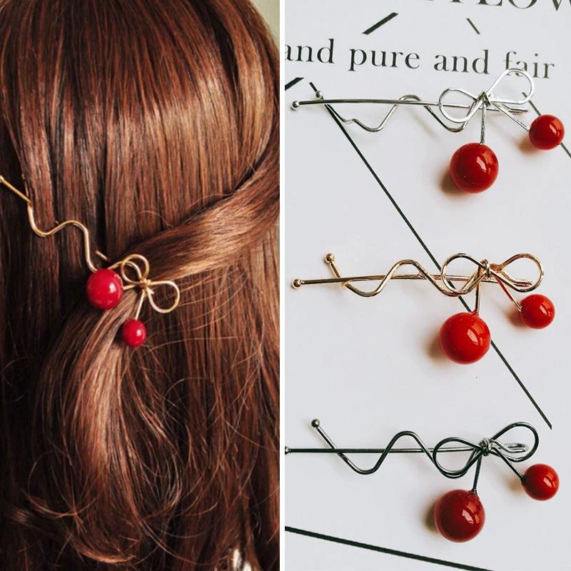 Korean Hair Accessories Ladies Hairpin Red Cherry Hairpin by GJG Denim