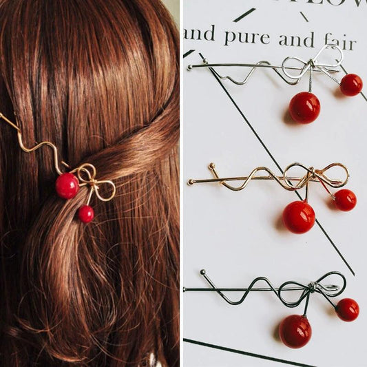 Korean Hair Accessories Ladies Hairpin Red Cherry Hairpin by GJG Denim