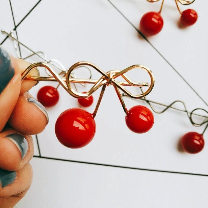 Korean Hair Accessories Ladies Hairpin Red Cherry Hairpin by GJG Denim