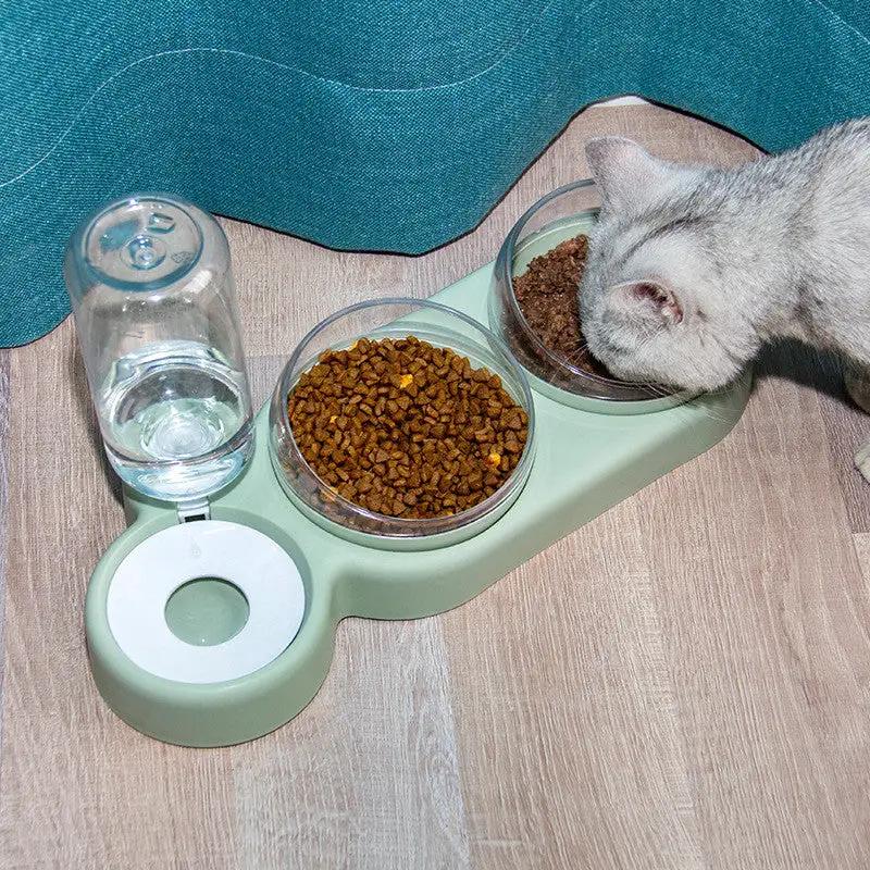 Pet Cat Bowl Automatic Feeder Dog Cat Food Bowl With Water Fountain Double Bowl Drinking Raised Stand by GJG Denim