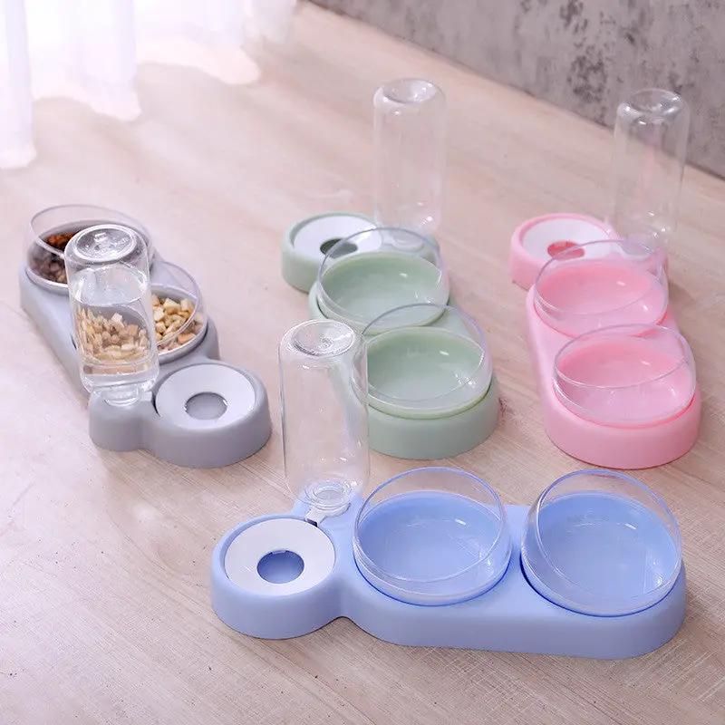 Pet Cat Bowl Automatic Feeder Dog Cat Food Bowl With Water Fountain Double Bowl Drinking Raised Stand by GJG Denim