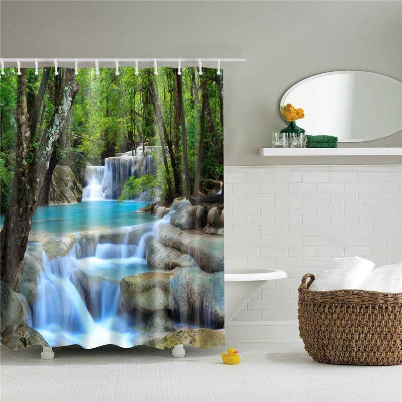 Peaceful Waterfall Fabric Shower Curtain by GJG Denim