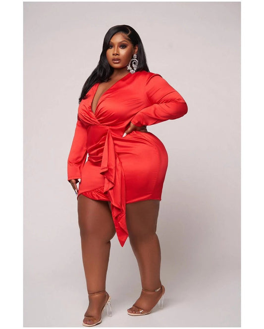 Plus Size Long sleeve Satin Short wrap Dress by GJG Denim