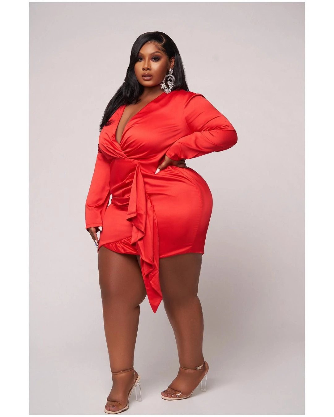 Plus Size Long sleeve Satin Short wrap Dress by GJG Denim