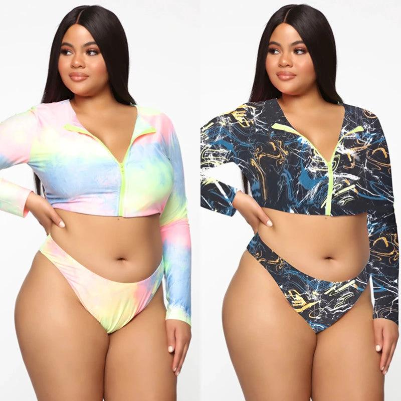Bikini Long Sleeve Zipper Swimsuit Plus Size Colorful Sexy Plus Size Swimsuit by GJG Denim