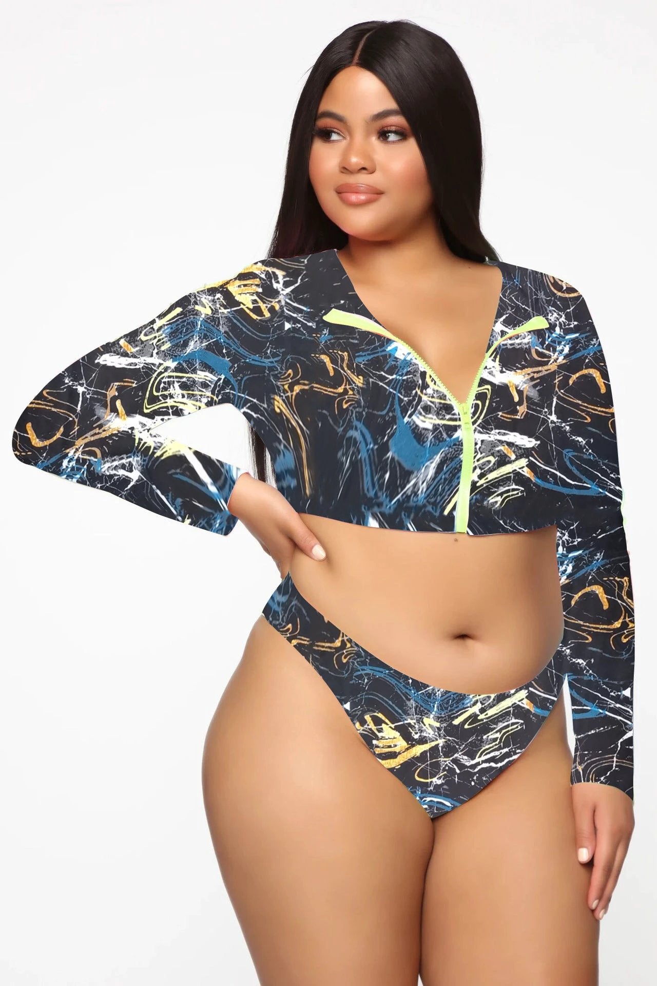 Bikini Long Sleeve Zipper Swimsuit Plus Size Colorful Sexy Plus Size Swimsuit by GJG Denim