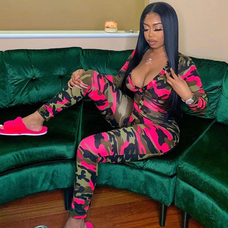 V-neck Romper Camouflage Print Pajamas Sexy One Piece Sleepwear by GJG Denim