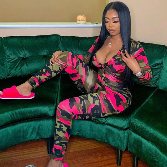V-neck Romper Camouflage Print Pajamas Sexy One Piece Sleepwear by GJG Denim