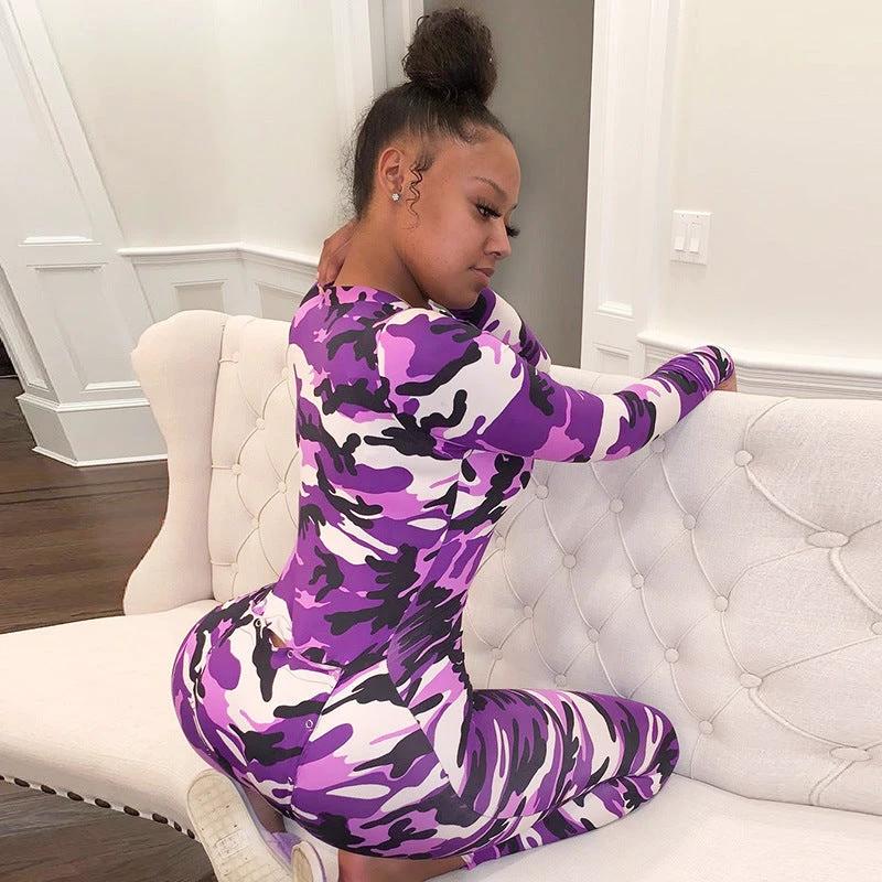 V-neck Romper Camouflage Print Pajamas Sexy One Piece Sleepwear by GJG Denim