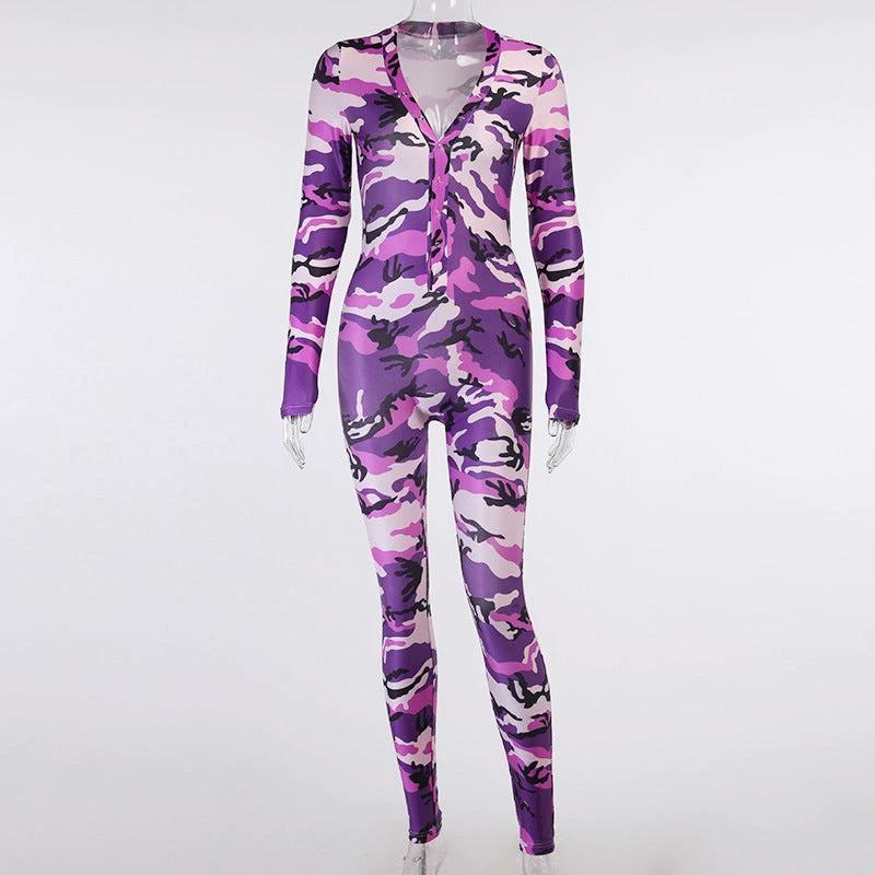 V-neck Romper Camouflage Print Pajamas Sexy One Piece Sleepwear by GJG Denim