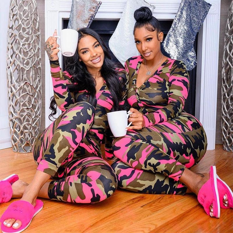 V-neck Romper Camouflage Print Pajamas Sexy One Piece Sleepwear by GJG Denim