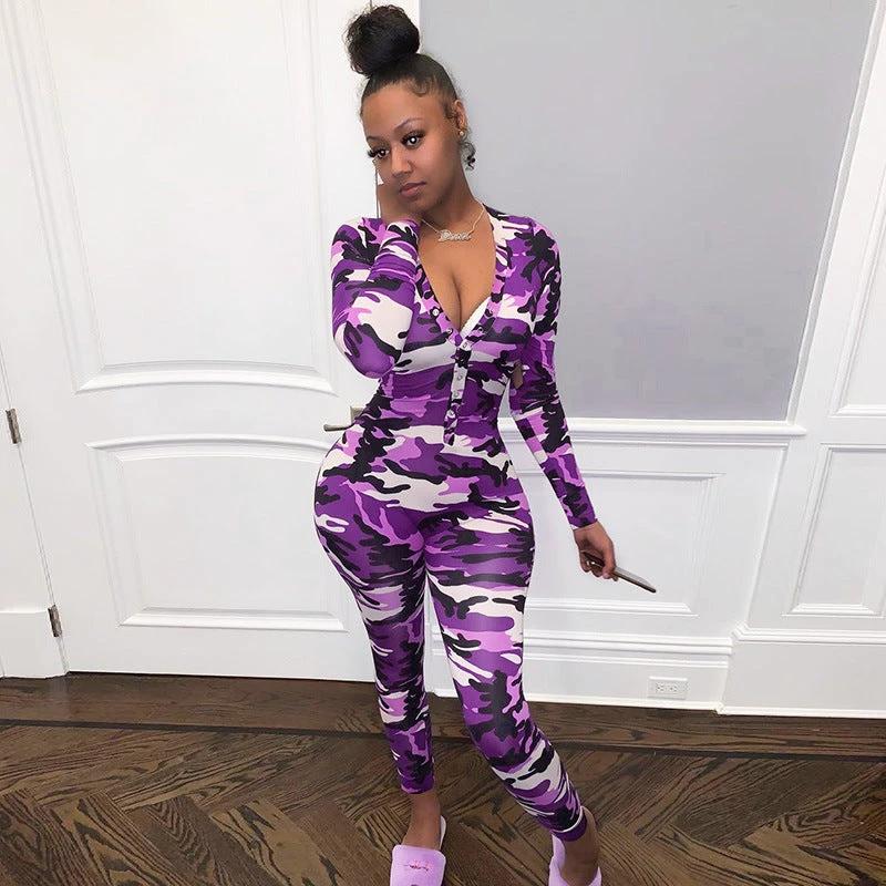 V-neck Romper Camouflage Print Pajamas Sexy One Piece Sleepwear by GJG Denim