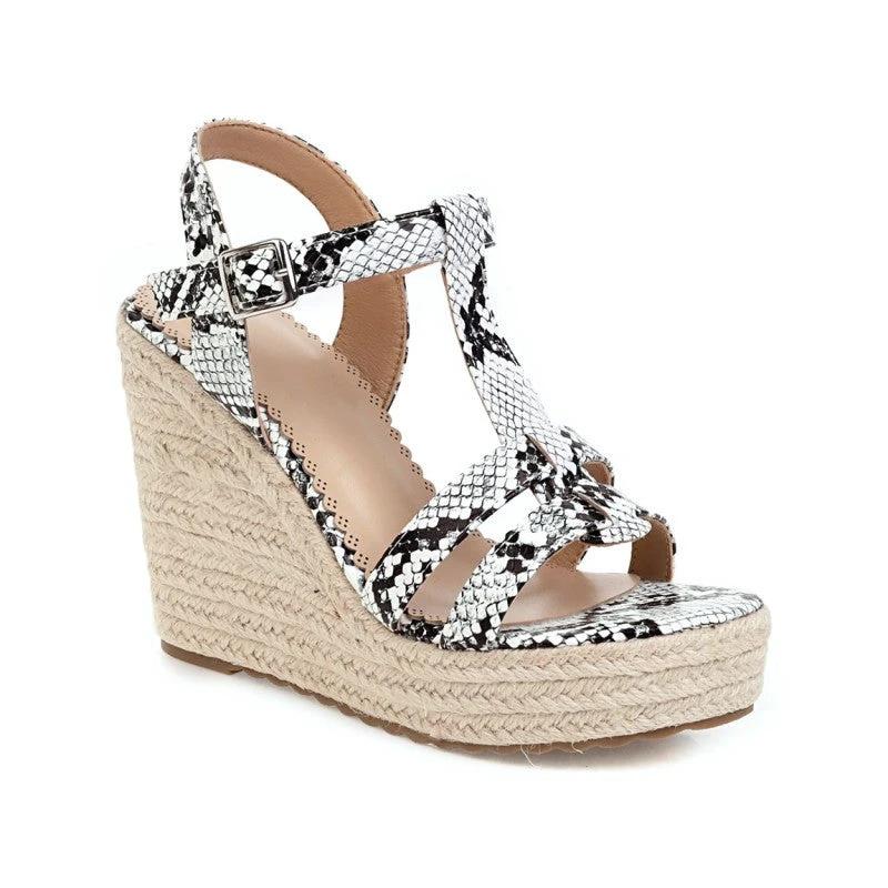 Large Size Snake Print Wedge Sandals Platform High Heel Buckle Women Summer New Ladies High Heel Sandals T4585 by GJG Denim