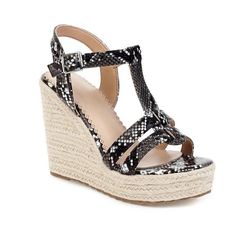 Large Size Snake Print Wedge Sandals Platform High Heel Buckle Women Summer New Ladies High Heel Sandals T4585 by GJG Denim