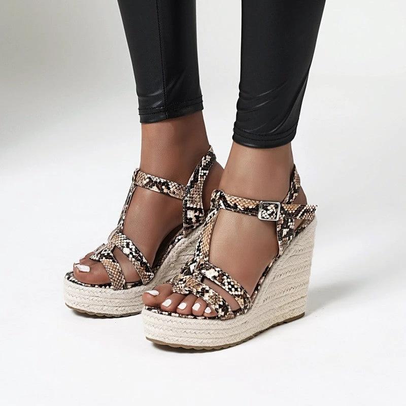 Large Size Snake Print Wedge Sandals Platform High Heel Buckle Women Summer New Ladies High Heel Sandals T4585 by GJG Denim