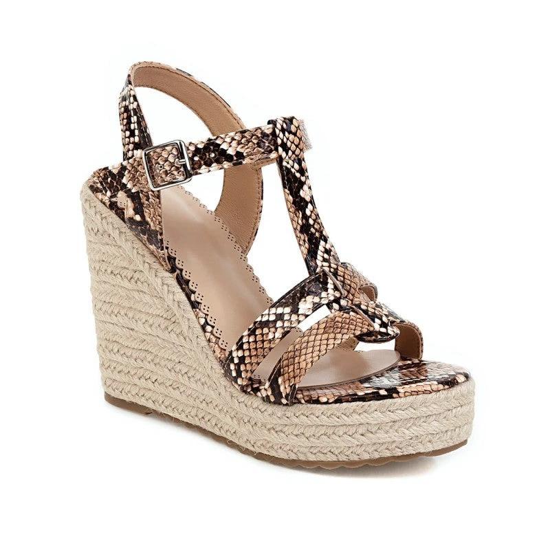 Large Size Snake Print Wedge Sandals Platform High Heel Buckle Women Summer New Ladies High Heel Sandals T4585 by GJG Denim