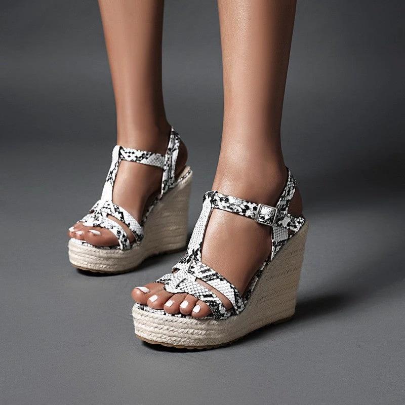 Large Size Snake Print Wedge Sandals Platform High Heel Buckle Women Summer New Ladies High Heel Sandals T4585 by GJG Denim