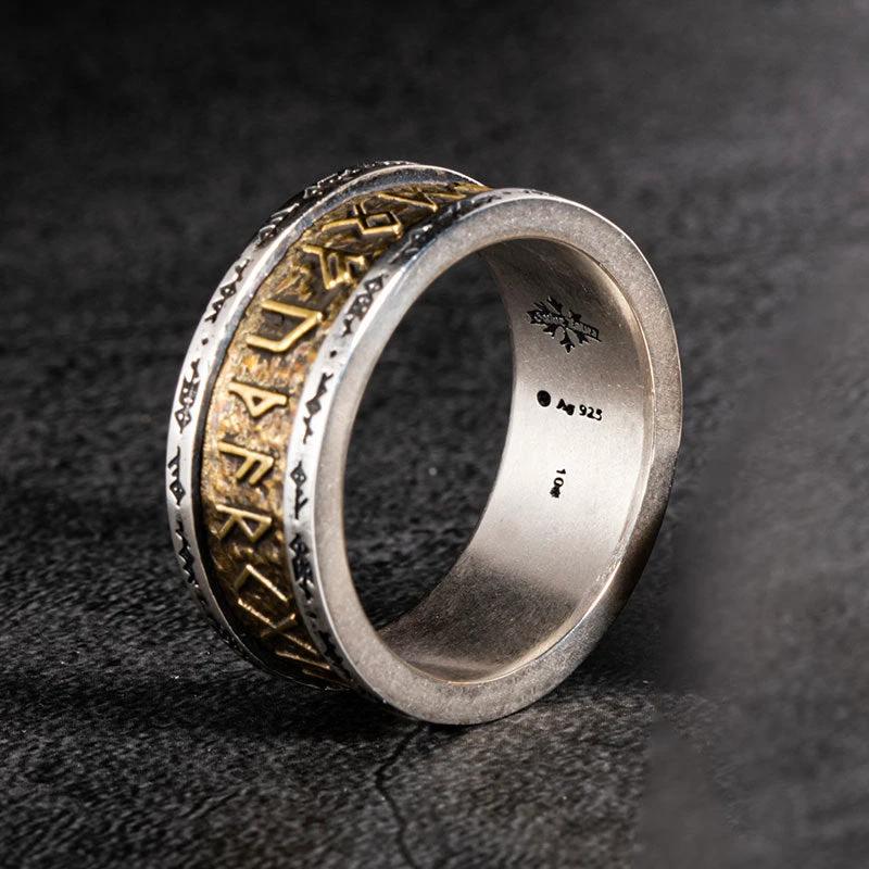 Viking Rune Alphabet Copper Ring With Silver Inlay For Men by GJG Denim